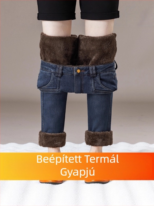Női farmernadrág fleece-belelt, magas derekú, elasztikus derék, karcsúsított fazon, meleg téli viselet