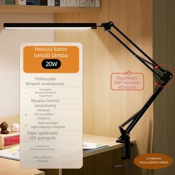 Csuklós asztali lámpa klipszes, hosszú karú, összecsukható, designer stílusú, munka- és tanulási célokra, szemvédővel