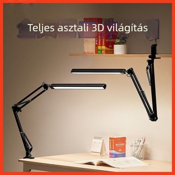 Csuklós asztali lámpa klipszes, hosszú karú, összecsukható, designer stílusú, munka- és tanulási célokra, szemvédővel