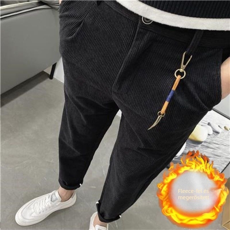 Corduroy Slim-Fit kényelmes nadrág fleece béléssel, magas derék, cipzár