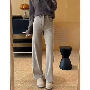 Női farmer fleece-béléssel, magas derék, egyenes szabás, keskeny szár, mosott, téli modell, 2025, T1120N