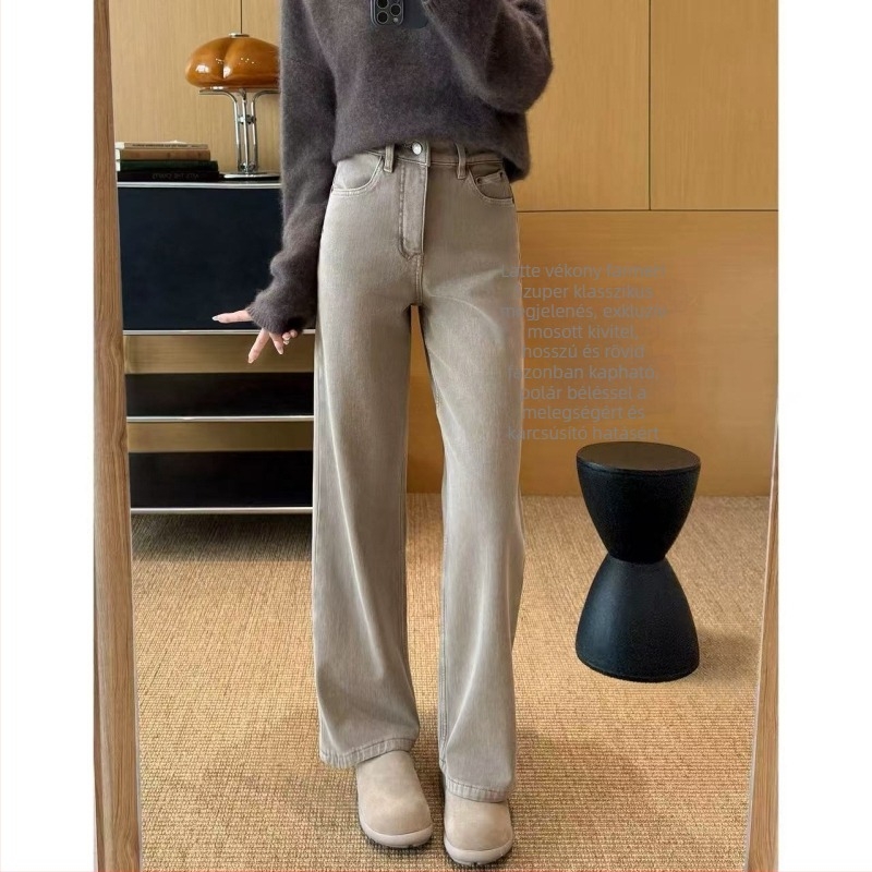 Női farmer fleece-béléssel, magas derék, egyenes szabás, keskeny szár, mosott, téli modell, 2025, T1120N