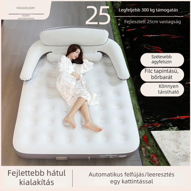 Háttámlás felfújható ágy kempingezéshez — hordozható, könnyen tárolható, stabil; teherbírás akár 300 kg; bolyhos felület