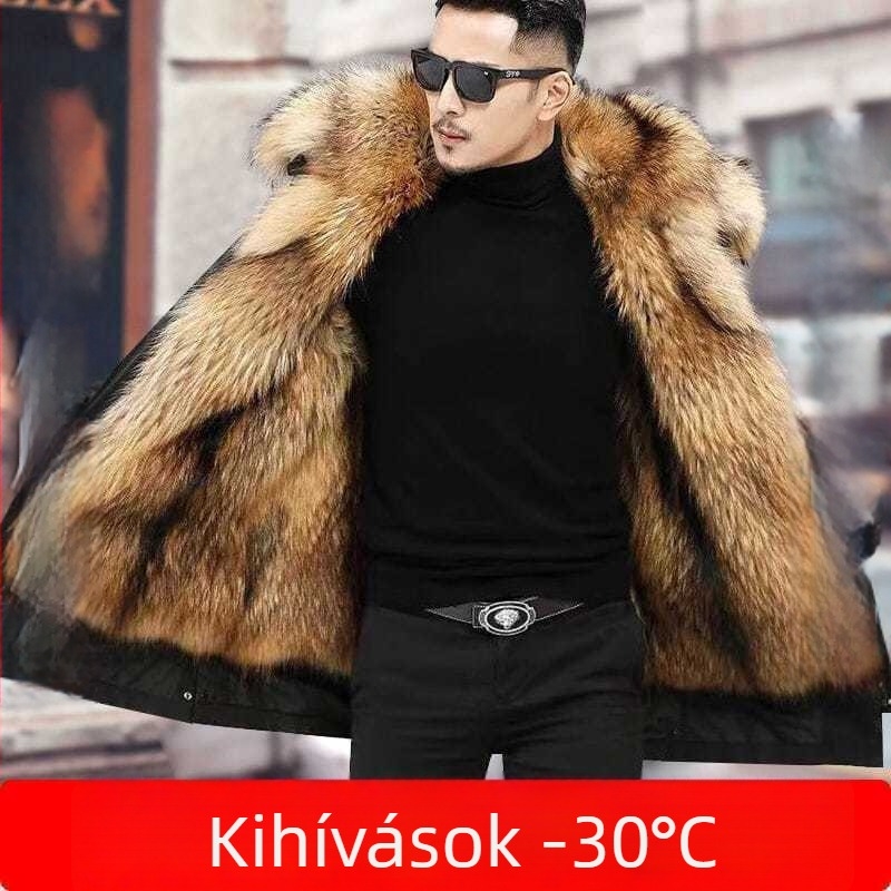 Férfi parkas műszőrmés béléssel, kapucnival, cipzáras, karcsú szabású, középhosszú, brit stílus