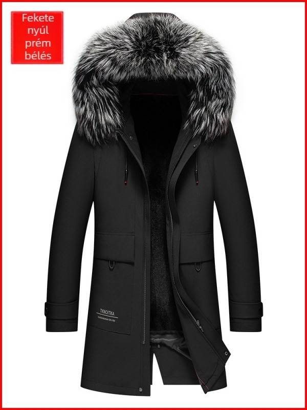 Enos Boni férfi középhosszú Rexnyúl szőrme kabát kapucnival, nagy rókaszőrös gallérral, cipzáros előlap, vízlepergető bélés