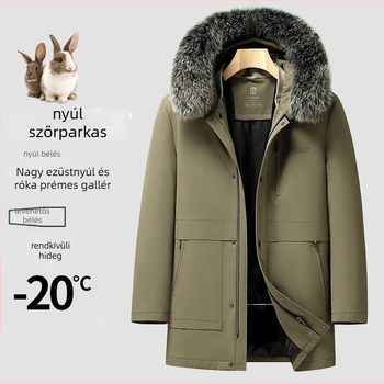 Férfi középhosszú téli parkas, leválasztható nyúlszőr belső bélés és rókaszőrrel díszített gallér