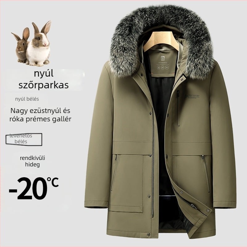 Férfi középhosszú téli parkas, leválasztható nyúlszőr belső bélés és rókaszőrrel díszített gallér