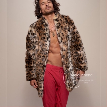 Férfi műszőrme kabát leopard mintával, gallér, jacquard mintázat, egyrészes gombolás