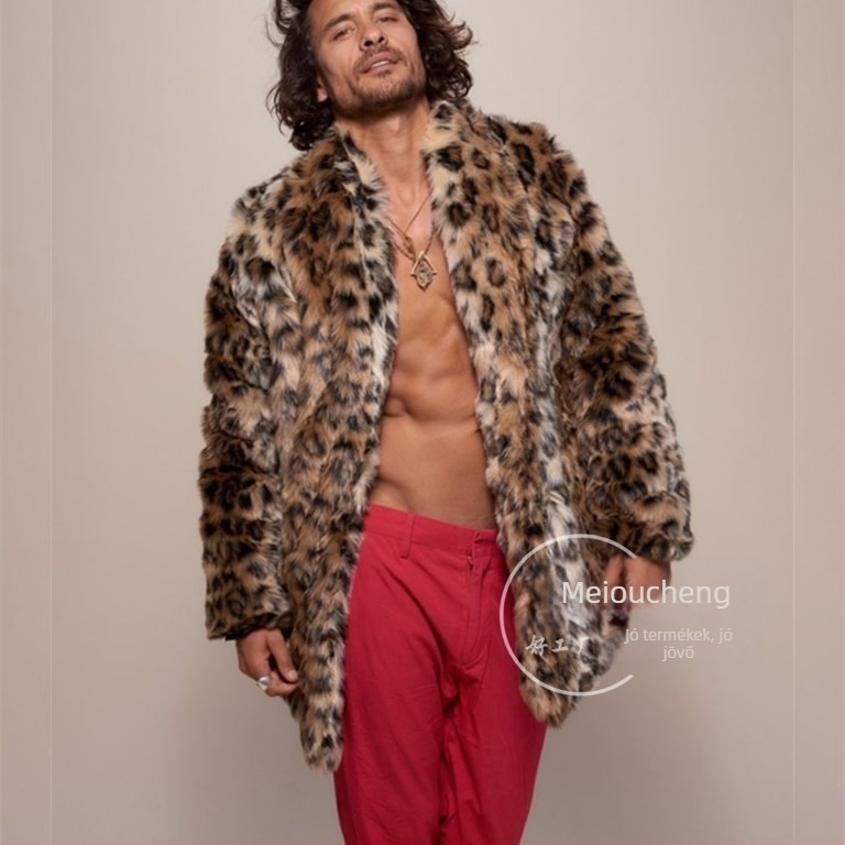 Férfi műszőrme kabát leopard mintával, gallér, jacquard mintázat, egyrészes gombolás