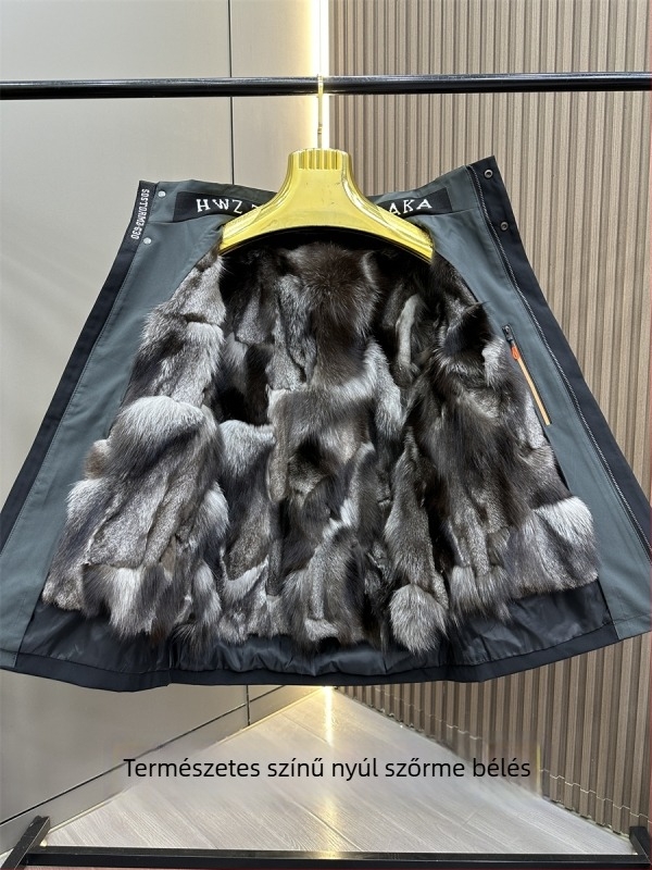 Férfi rövid szőrme kabát leválasztható róka-szőr bélésével — karcsúsított fazon, kapucni, cipzár, téli viselet