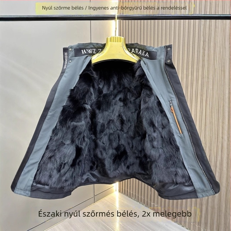 Férfi rövid szőrme kabát leválasztható róka-szőr bélésével — karcsúsított fazon, kapucni, cipzár, téli viselet