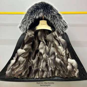 Férfi téli kabát természetes róka szőrme bélésével, levehető kapucnival, középhosszú, cipzáras zárás