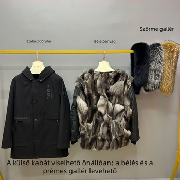 Férfi téli kabát természetes róka szőrme bélésével, levehető kapucnival, középhosszú, cipzáras zárás