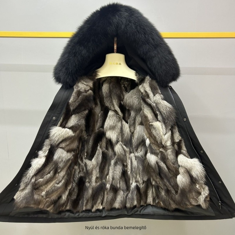 Férfi téli kabát természetes róka szőrme bélésével, levehető kapucnival, középhosszú, cipzáras zárás