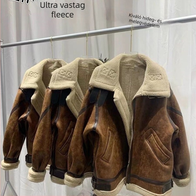 Téli suede motorkerékpáros kabát valós szőrme és juhbőr belsővel, lazább szabás, álló gallér, kétnyílásos zár, patch zsebek