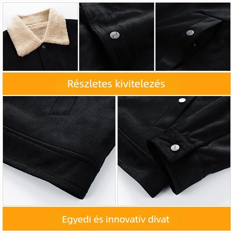Férfi vadbőr velúr dzseki, koreai stílusú kardigán, laza szabású, egy soros gombolású, gallér, fleece vastagság, meleg poliészter töltettel és béléssel