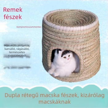 Szalmából készült macskafészek — tál alakú, kötött; Anyag: szalma; Cél: macska; Kategória: háziállat-fészek