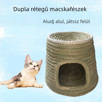 Szalmából készült macskafészek — tál alakú, kötött; Anyag: szalma; Cél: macska; Kategória: háziállat-fészek