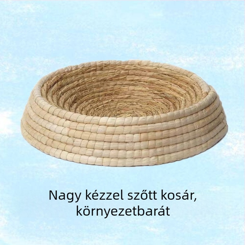 Szalmából készült macskafészek — tál alakú, kötött; Anyag: szalma; Cél: macska; Kategória: háziállat-fészek