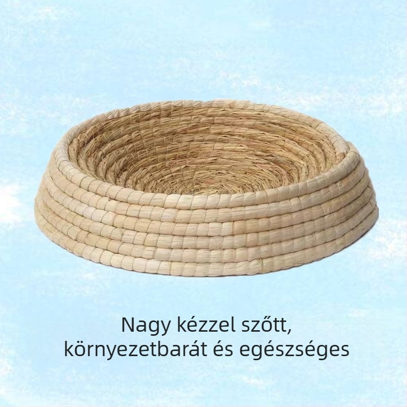 Szalmából készült macskafészek — tál alakú, kötött; Anyag: szalma; Cél: macska; Kategória: háziállat-fészek