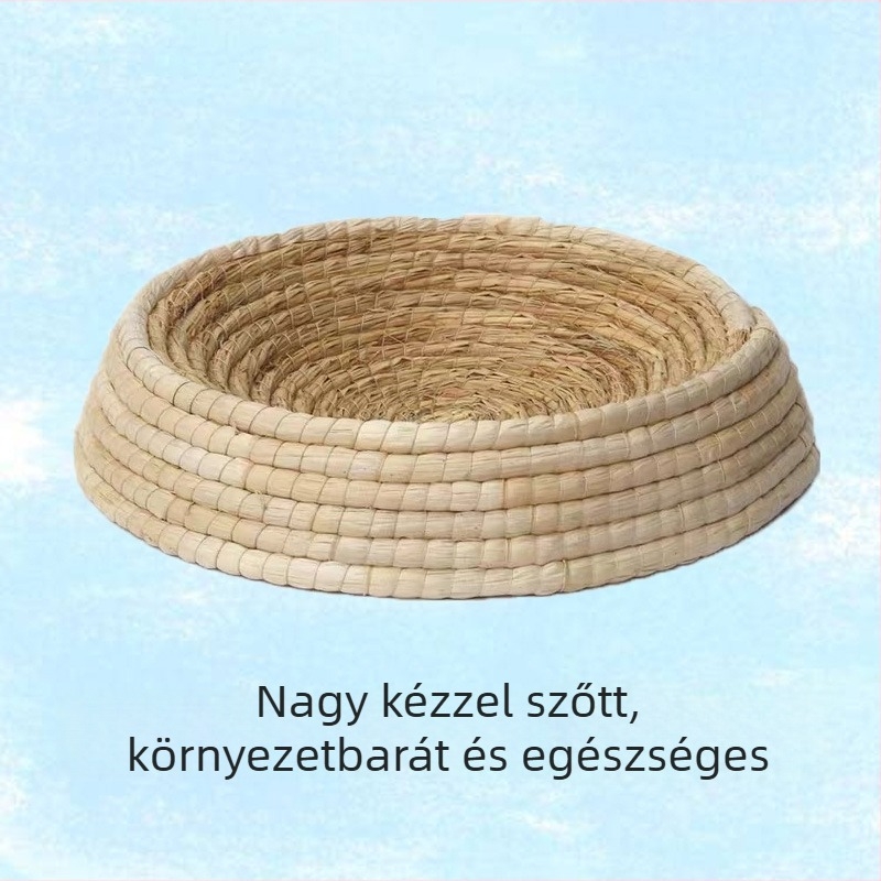 Szalmából készült macskafészek — tál alakú, kötött; Anyag: szalma; Cél: macska; Kategória: háziállat-fészek