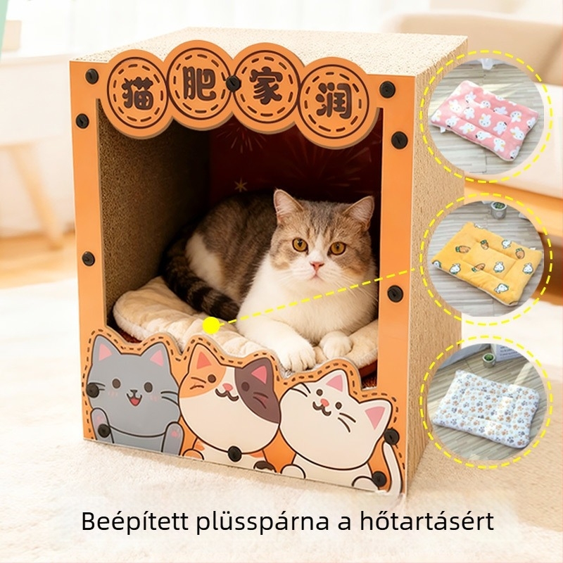 Macska karmoló tábla – Mindent egyben: mászókeret és macskafészek, Rajzfilm stílus, Modell MZB1201, Márka Cute and Pet, Anyagok: sűrűségű tábla és hullámkarton, Csomagolás: 1 db