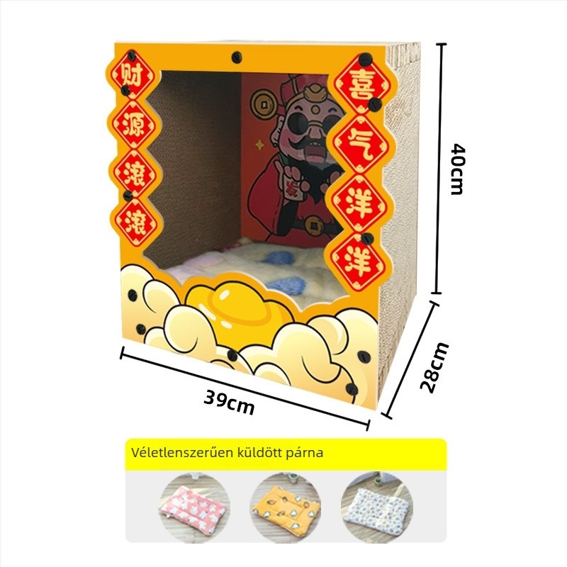 Macska karmoló tábla – Mindent egyben: mászókeret és macskafészek, Rajzfilm stílus, Modell MZB1201, Márka Cute and Pet, Anyagok: sűrűségű tábla és hullámkarton, Csomagolás: 1 db