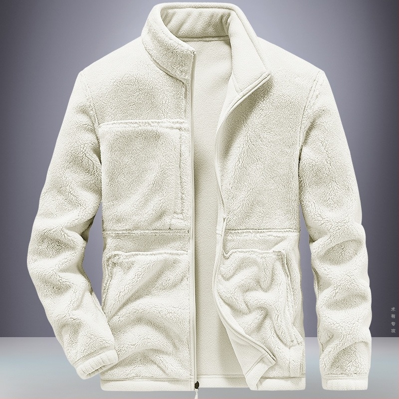 Férfi téli polárdzseki, magas gallér, cipzár, vastag fleece, több zseb, poliészter bélés
