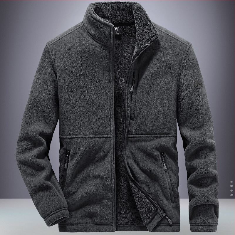 Férfi téli polárdzseki, magas gallér, cipzár, vastag fleece, több zseb, poliészter bélés