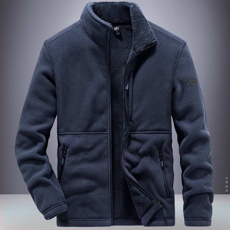 Férfi téli polárdzseki, magas gallér, cipzár, vastag fleece, több zseb, poliészter bélés