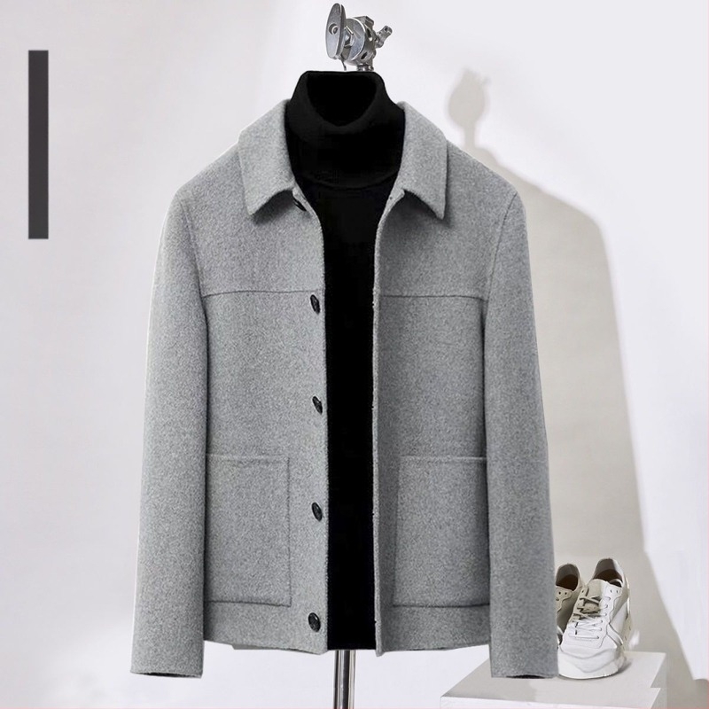 Férfi kétoldalas gyapjú kabát, rövid fazon, gyapjú-kasmír keverék, koreai stílus, slim fit, őszi-téli