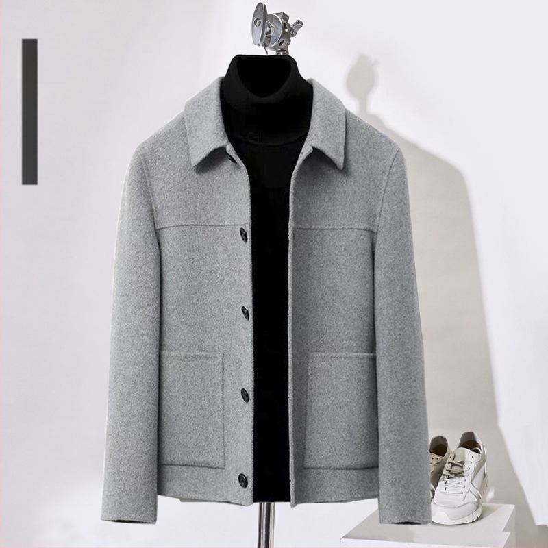 Férfi kétoldalas gyapjú kabát, rövid fazon, gyapjú-kasmír keverék, koreai stílus, slim fit, őszi-téli