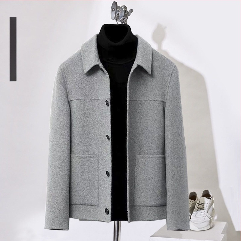 Férfi kétoldalas gyapjú kabát, rövid fazon, gyapjú-kasmír keverék, koreai stílus, slim fit, őszi-téli