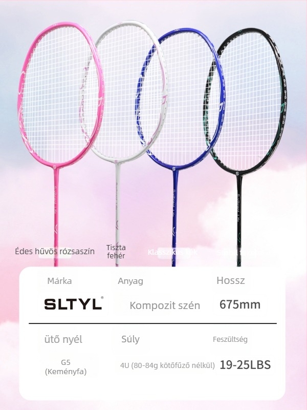 Badminton ütő, karbon váz, tömeg 80-84 g, nyelet vastagsága G5, közvetlen ütés