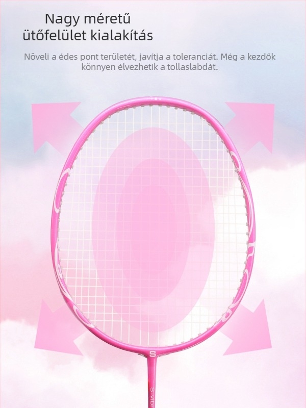 Badminton ütő, karbon váz, tömeg 80-84 g, nyelet vastagsága G5, közvetlen ütés