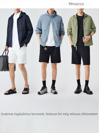 Férfi kapucnis kabát több zsebbel, könnyű nylon keverék, UPF50+, cipzárral záródó