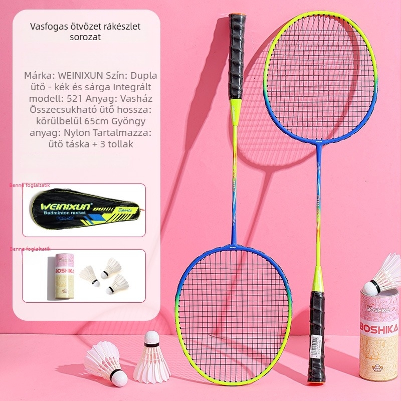 Badminton ütő készlet – 2 darabos táskával, váz vasötvözet, súly 95–100 g, markolat G3, közepes tengelykeménység