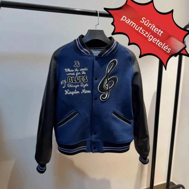 Baseball dzseki retró hímzéssel, kavicsos textúra, poliészter keverék anyag, 80% poliészter, cipzáros záródás