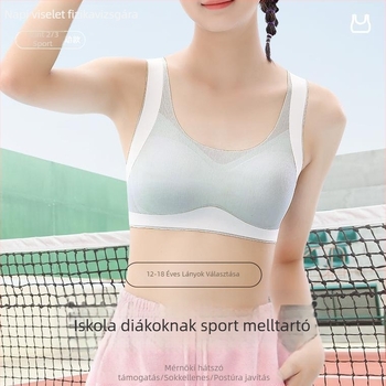 Tinédzser sportmelltartó, mellény-stílus, nylonból, teljes kosár, vékony formázott kosár, bélés nylon 70–80%, légáteresztő, varrás nélküli, rögzített dupla vállpántok