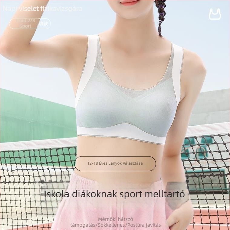 Tinédzser sportmelltartó, mellény-stílus, nylonból, teljes kosár, vékony formázott kosár, bélés nylon 70–80%, légáteresztő, varrás nélküli, rögzített dupla vállpántok