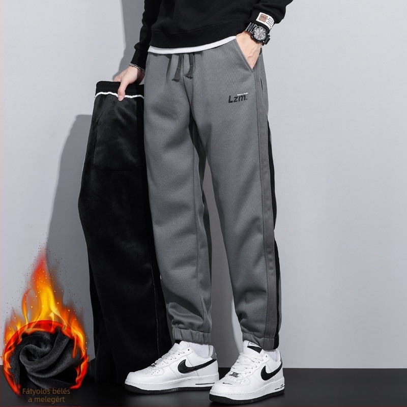 Férfi kötött sportos casual nadrág fleece belső béléssel, laza szabású, poliészter-stretch anyag