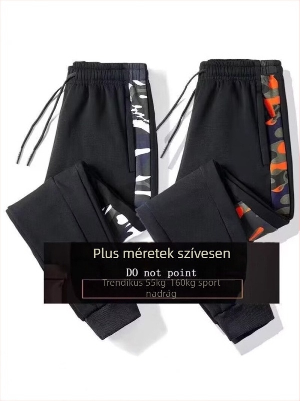 Férfi kamufláz sportos nadrág, laza szabás, szűkített szár, kettős cipzár, poliészter