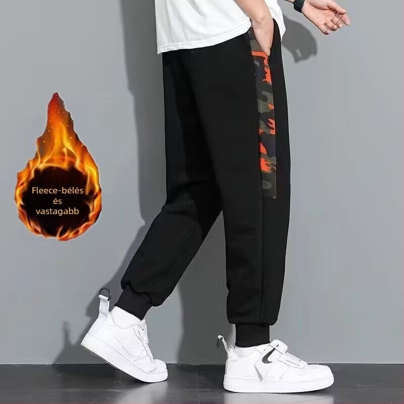 Férfi kamufláz sportos nadrág, laza szabás, szűkített szár, kettős cipzár, poliészter
