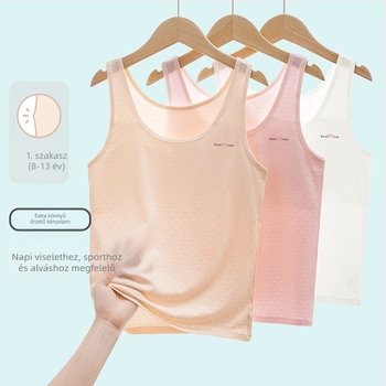Tanktop-stílusú alsónemű lányoknak 9–13 éveseknek, fő anyag: viszkóz 30–50%, bélés spandex 90–95%, rögzített dupla vállpántok, nincs kosár, nincs záródás, izzadtságot felszívó