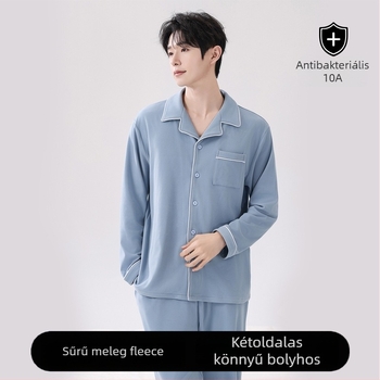 Férfi plüss pizsama készlet, hosszú ujjú felső és hosszú nadrág, gallér típusú lapel, 90–95% poliészter, 201–250 g/m², vastag, téli–tavaszi–ősz viselés, luxus stílus