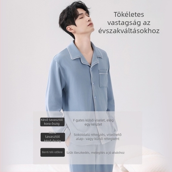 Férfi plüss pizsama készlet, hosszú ujjú felső és hosszú nadrág, gallér típusú lapel, 90–95% poliészter, 201–250 g/m², vastag, téli–tavaszi–ősz viselés, luxus stílus