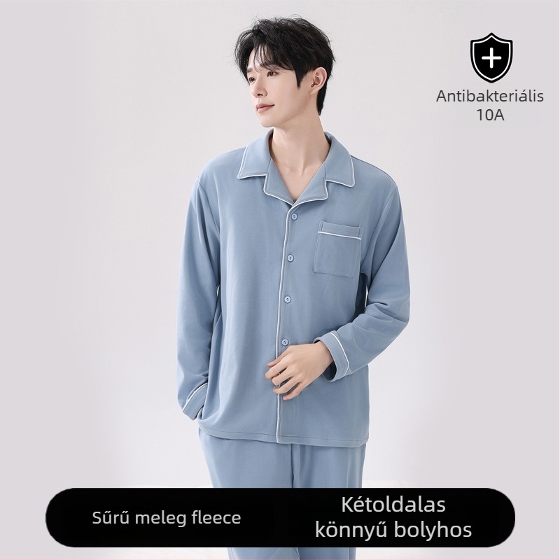 Férfi plüss pizsama készlet, hosszú ujjú felső és hosszú nadrág, gallér típusú lapel, 90–95% poliészter, 201–250 g/m², vastag, téli–tavaszi–ősz viselés, luxus stílus