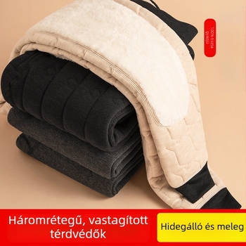 Férfi téli pamut nadrág három rétegű, magas derekú, plusz méret, extra vastag meleg nadrág térdvédővel