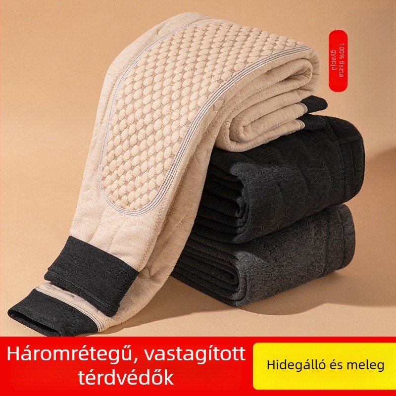 Férfi téli pamut nadrág három rétegű, magas derekú, plusz méret, extra vastag meleg nadrág térdvédővel