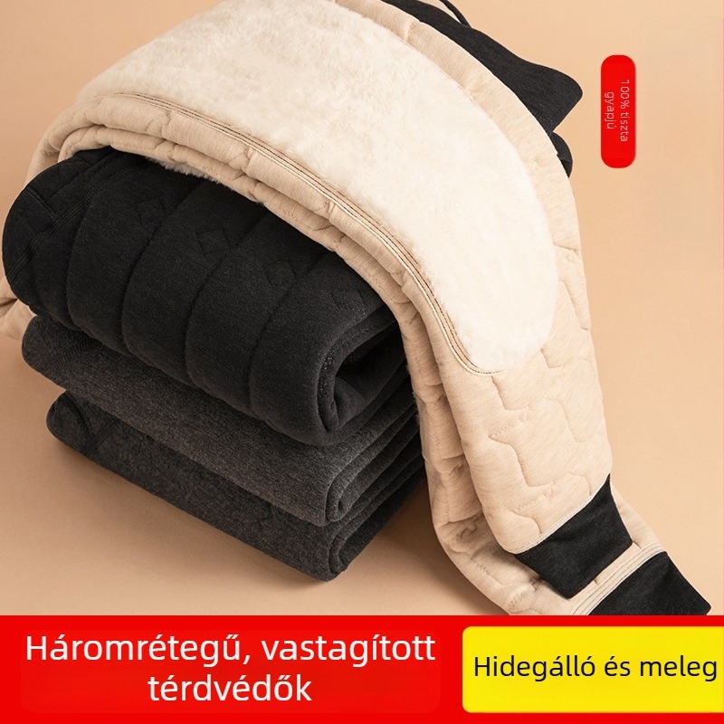 Férfi téli pamut nadrág három rétegű, magas derekú, plusz méret, extra vastag meleg nadrág térdvédővel